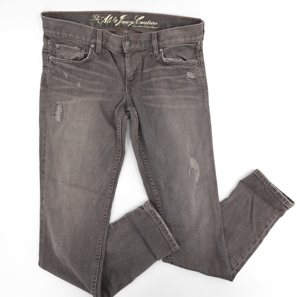 Juicy Couture Jeans Womens 29 Gray Distressed Ripped Skinny Straight Low Ali